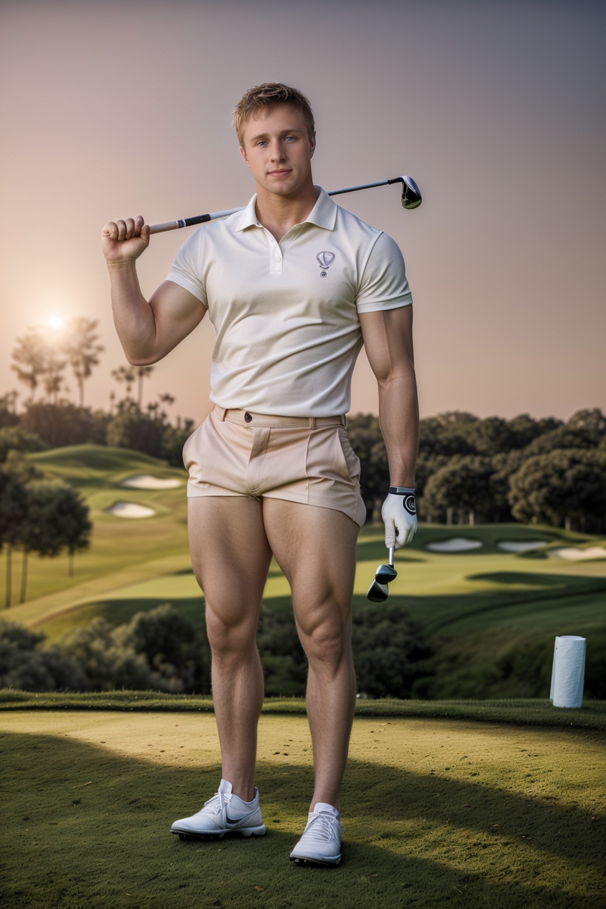 photo of male sc_abe  <lora:sc_abe-06:0.75> posing outdoors on a golf course, wearing fitted polo shirt and shorts, restin...